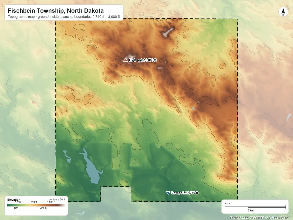 Topographic elevation map of Fischbein Township, North Dakota, shaded from 2,740 ft on the south side to 3,080 ft on the northwest side