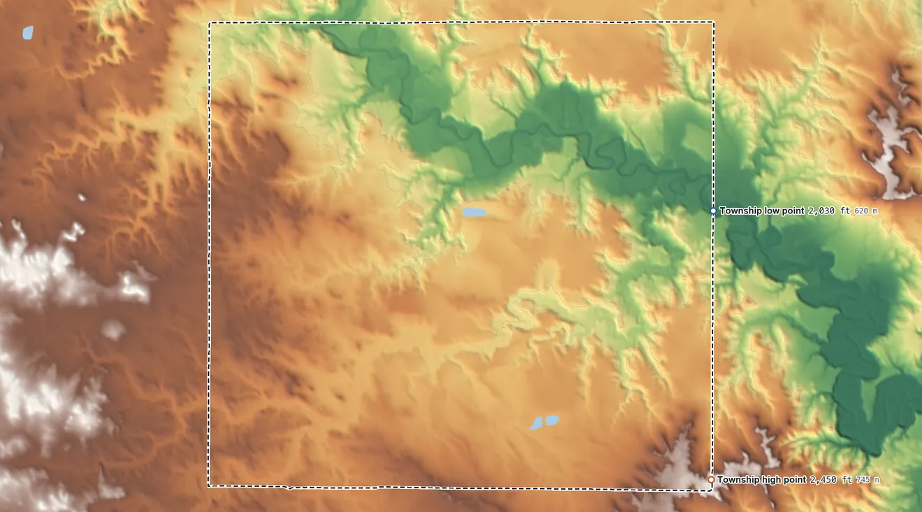Topographic elevation map of Fisher Township, North Dakota, shaded from 2,030 ft on the east side to 2,450 ft on the southeast side
