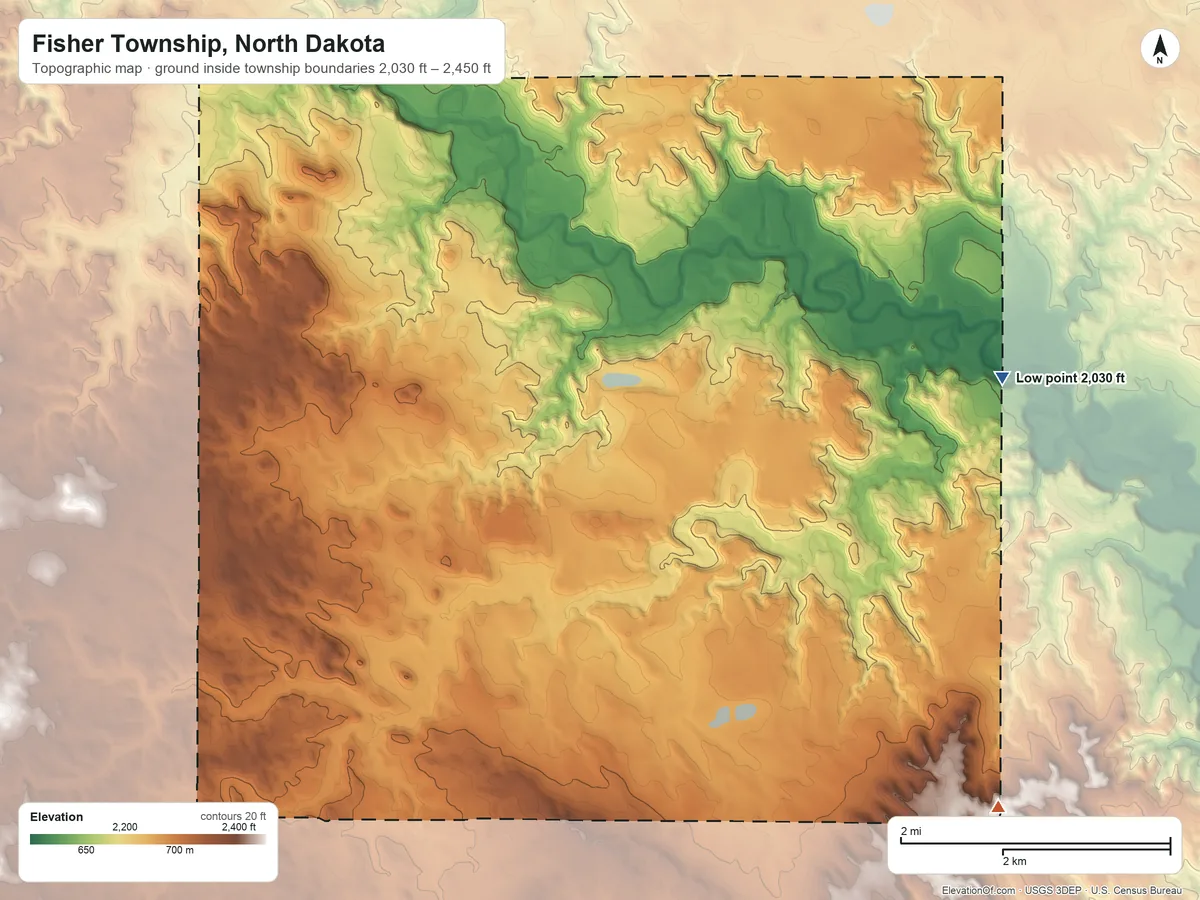 Topographic elevation map of Fisher Township, North Dakota, shaded from 2,030 ft on the east side to 2,450 ft on the southeast side
