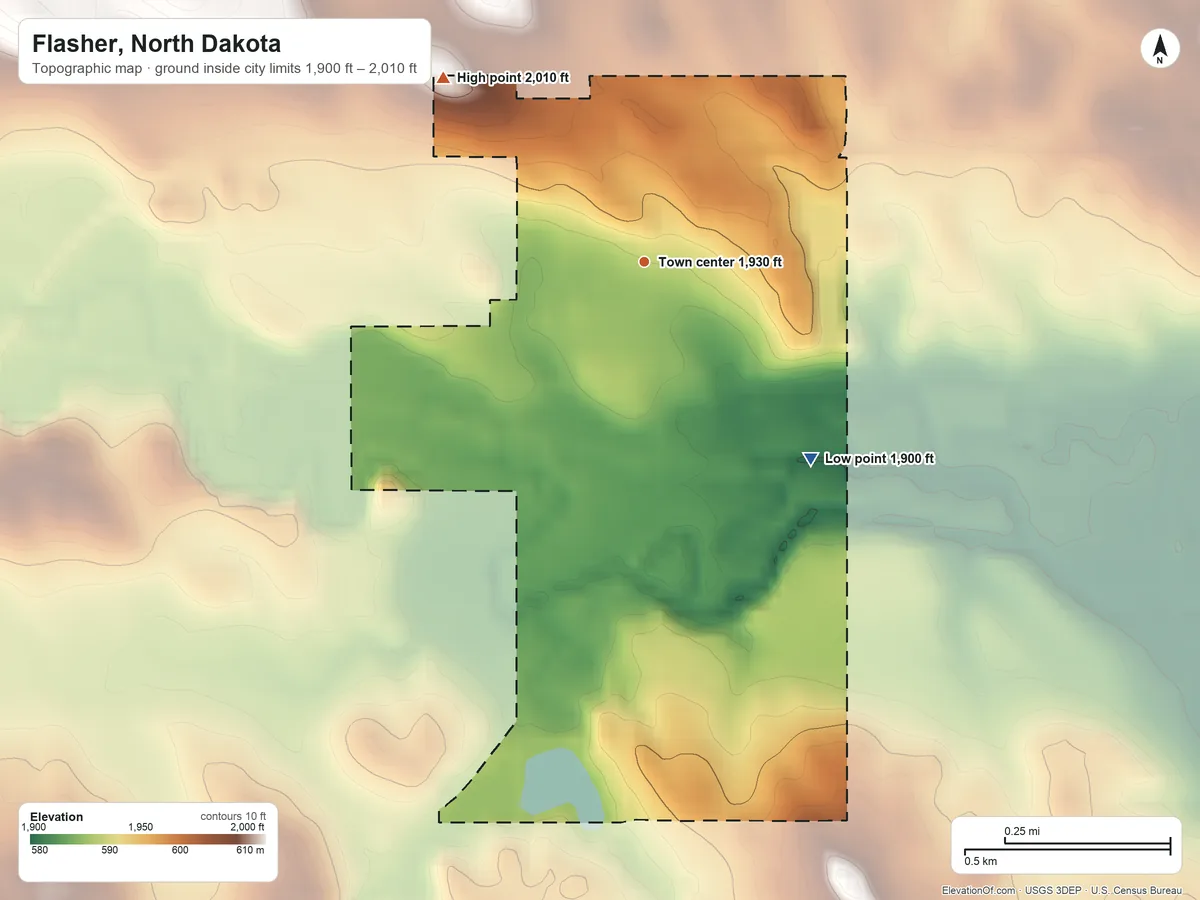 Topographic elevation map of Flasher, North Dakota, shaded from 1,900 ft on the southeast side to 2,010 ft on the northwest side