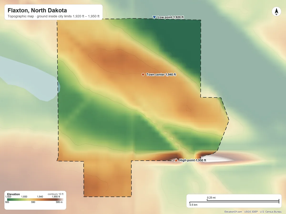 Topographic elevation map of Flaxton, North Dakota, shaded from 1,920 ft on the north side to 1,950 ft on the south side