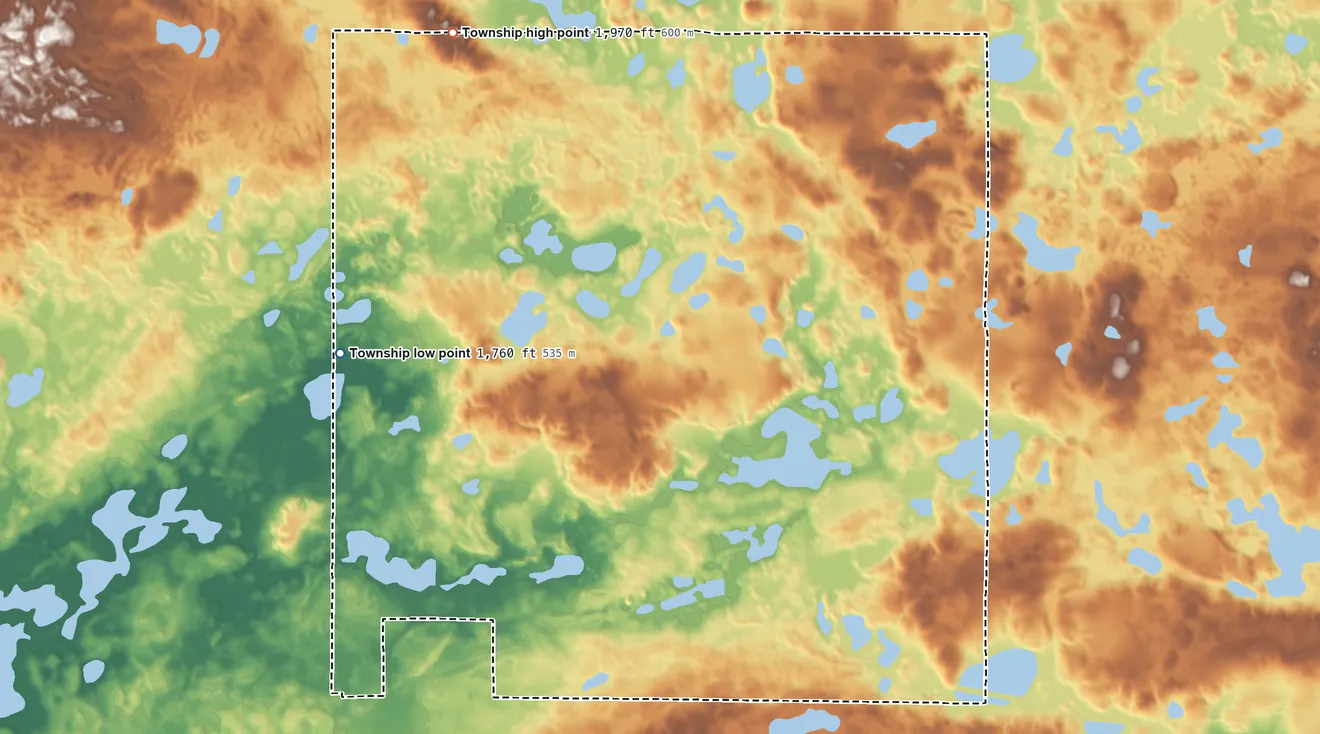 Topographic elevation map of Flint Township, North Dakota, shaded from 1,760 ft on the west side to 1,970 ft on the north side