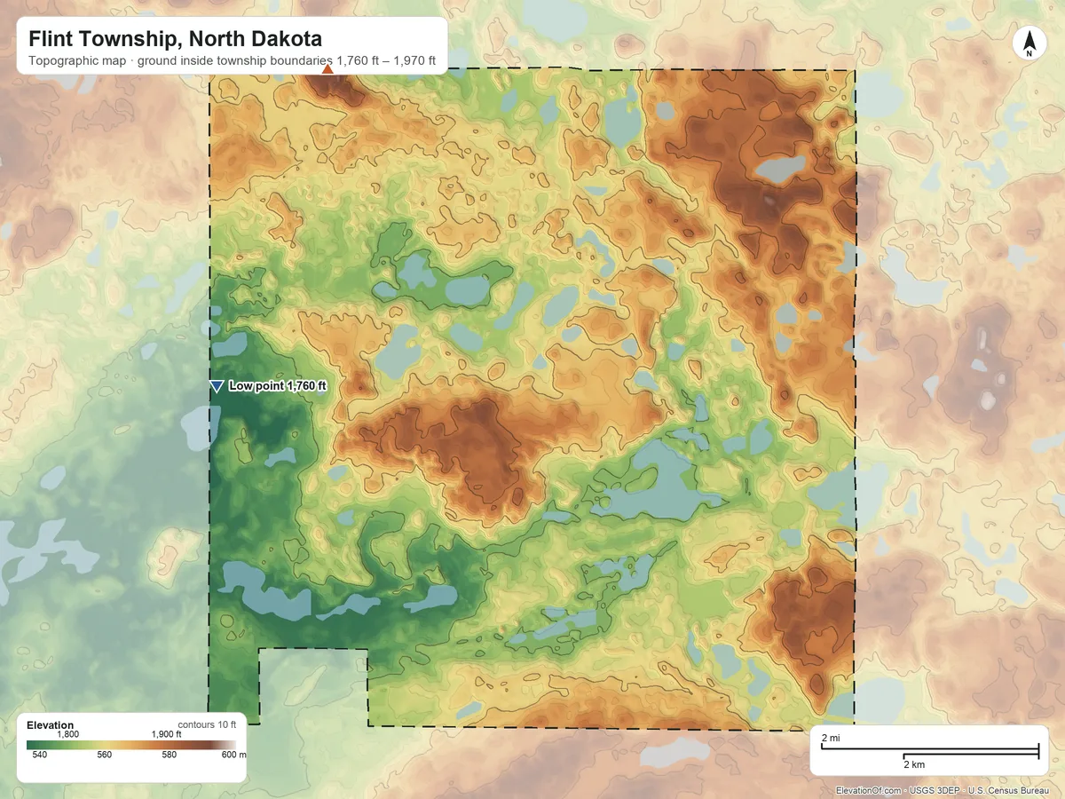Topographic elevation map of Flint Township, North Dakota, shaded from 1,760 ft on the west side to 1,970 ft on the north side