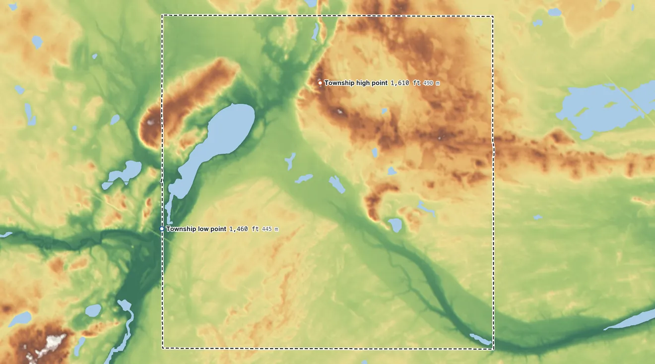 Topographic elevation map of Florance Township, North Dakota, shaded from 1,460 ft on the southwest side to 1,610 ft on the northeast side
