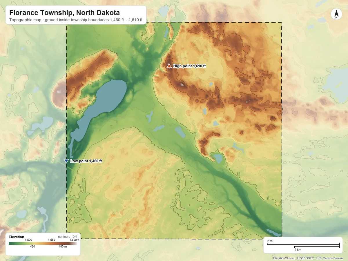 Topographic elevation map of Florance Township, North Dakota, shaded from 1,460 ft on the southwest side to 1,610 ft on the northeast side