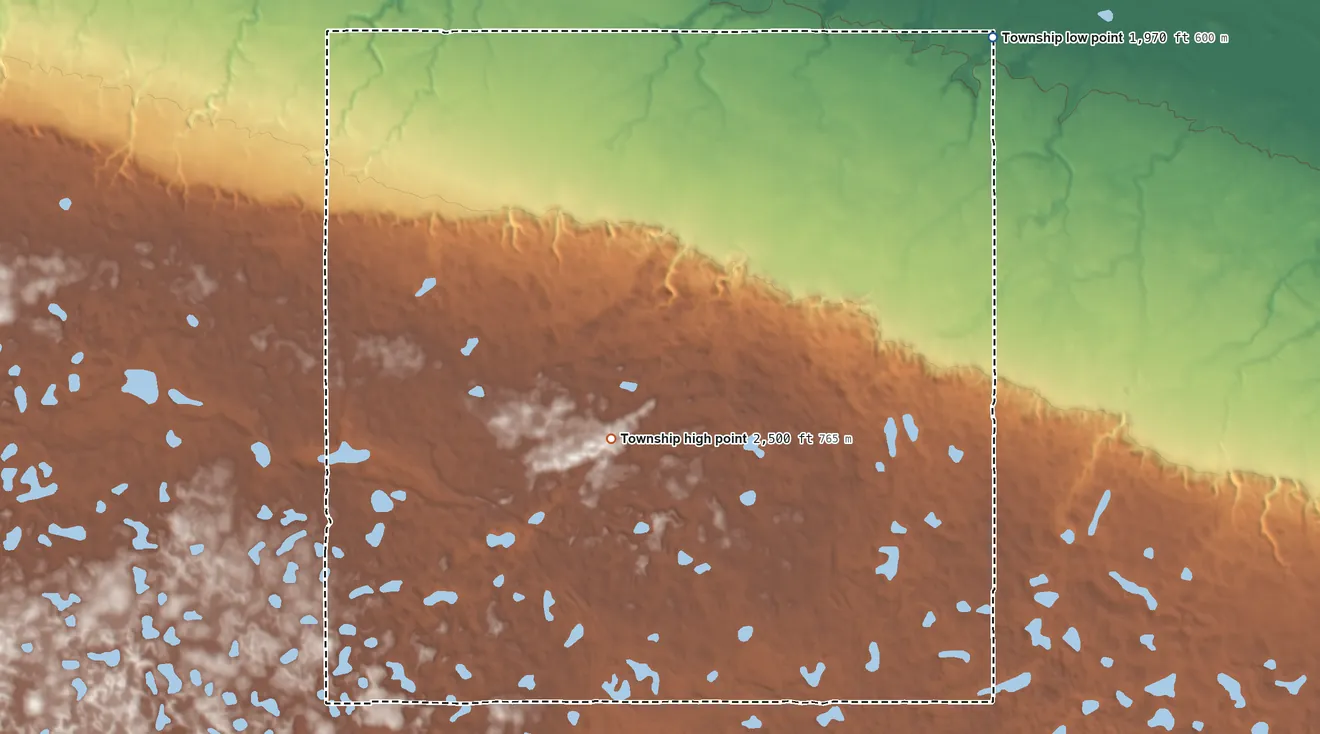Topographic elevation map of Foothills Township, North Dakota, shaded from 1,970 ft on the northeast side to 2,500 ft on the southwest side