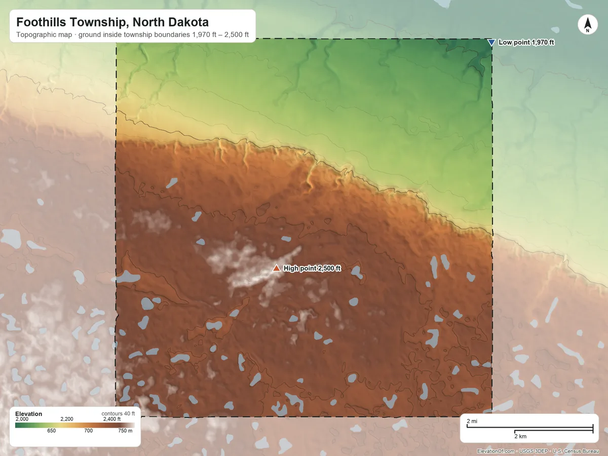 Topographic elevation map of Foothills Township, North Dakota, shaded from 1,970 ft on the northeast side to 2,500 ft on the southwest side