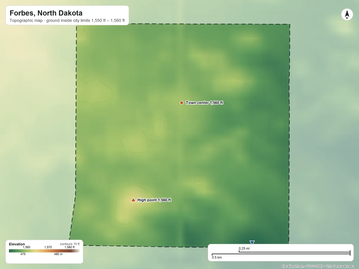 Topographic elevation map of Forbes, North Dakota, shaded from 1,550 ft on the southeast side to 1,560 ft on the southwest side