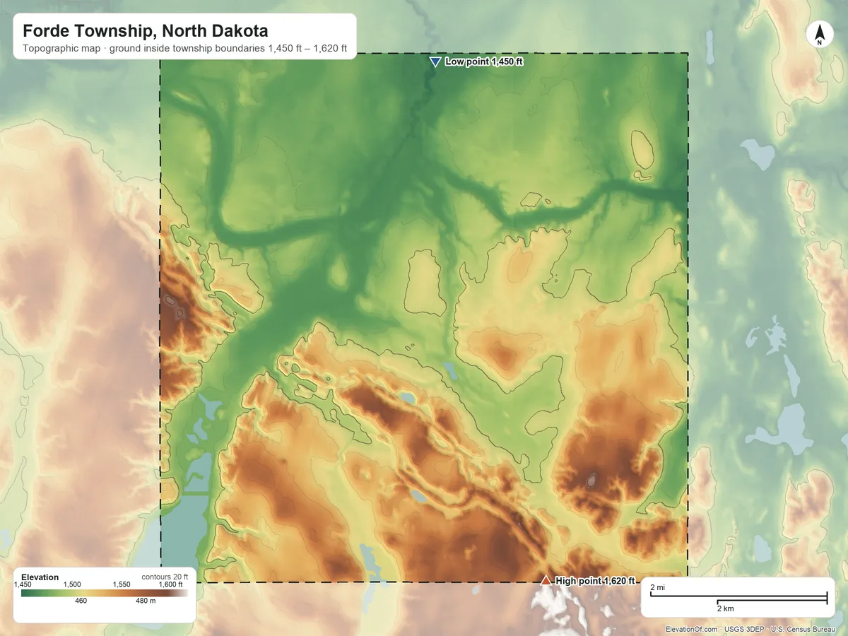 Topographic elevation map of Forde Township, North Dakota, shaded from 1,450 ft on the north side to 1,620 ft on the southeast side
