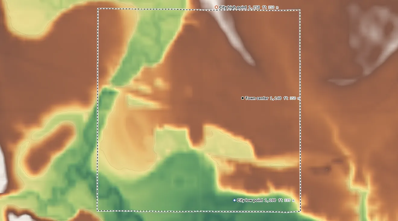 Topographic elevation map of Fordville, North Dakota, shaded from 1,100 ft on the south side to 1,150 ft on the north side