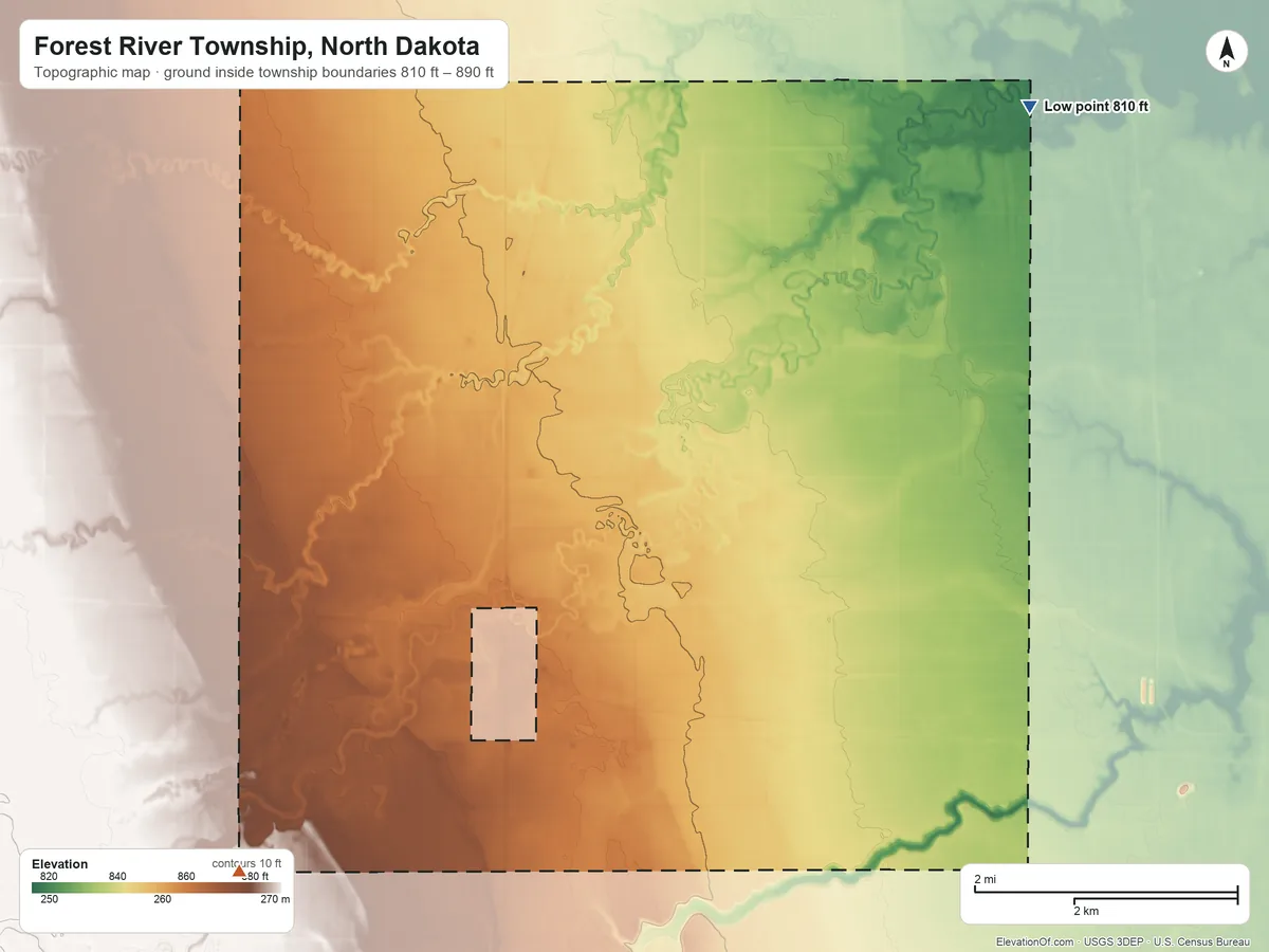 Topographic elevation map of Forest River Township, North Dakota, shaded from 810 ft on the northeast side to 890 ft on the southwest side