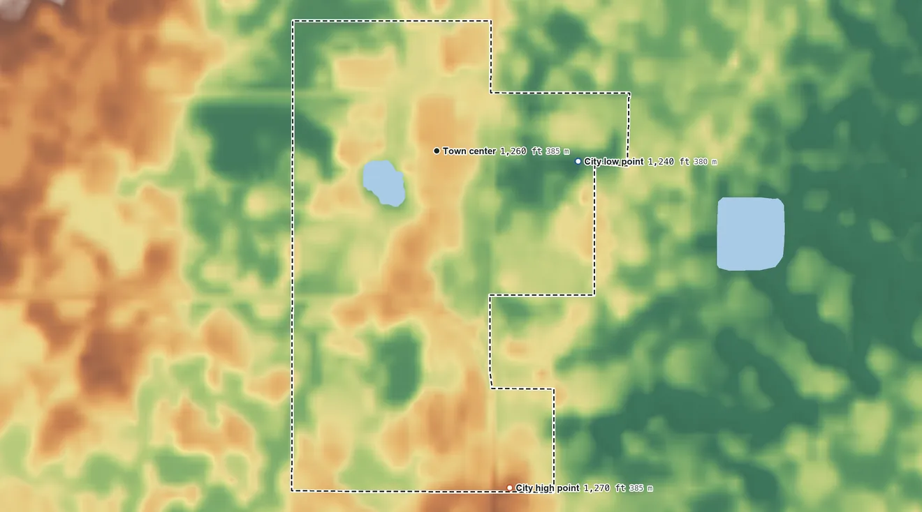 Topographic elevation map of Forman, North Dakota, shaded from 1,240 ft on the east side to 1,270 ft on the south side