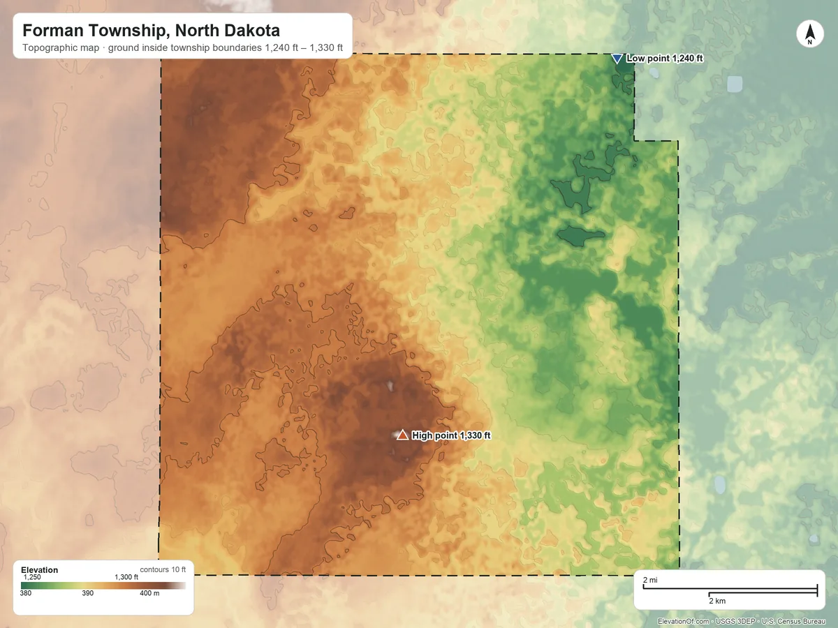 Topographic elevation map of Forman Township, North Dakota, shaded from 1,240 ft on the northeast side to 1,330 ft on the south side