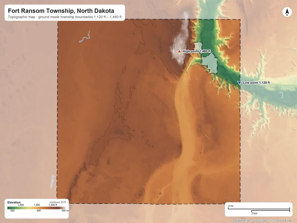 Topographic elevation map of Fort Ransom Township, North Dakota, shaded from 1,120 ft on the southeast side to 1,480 ft on Bears Den Hillock