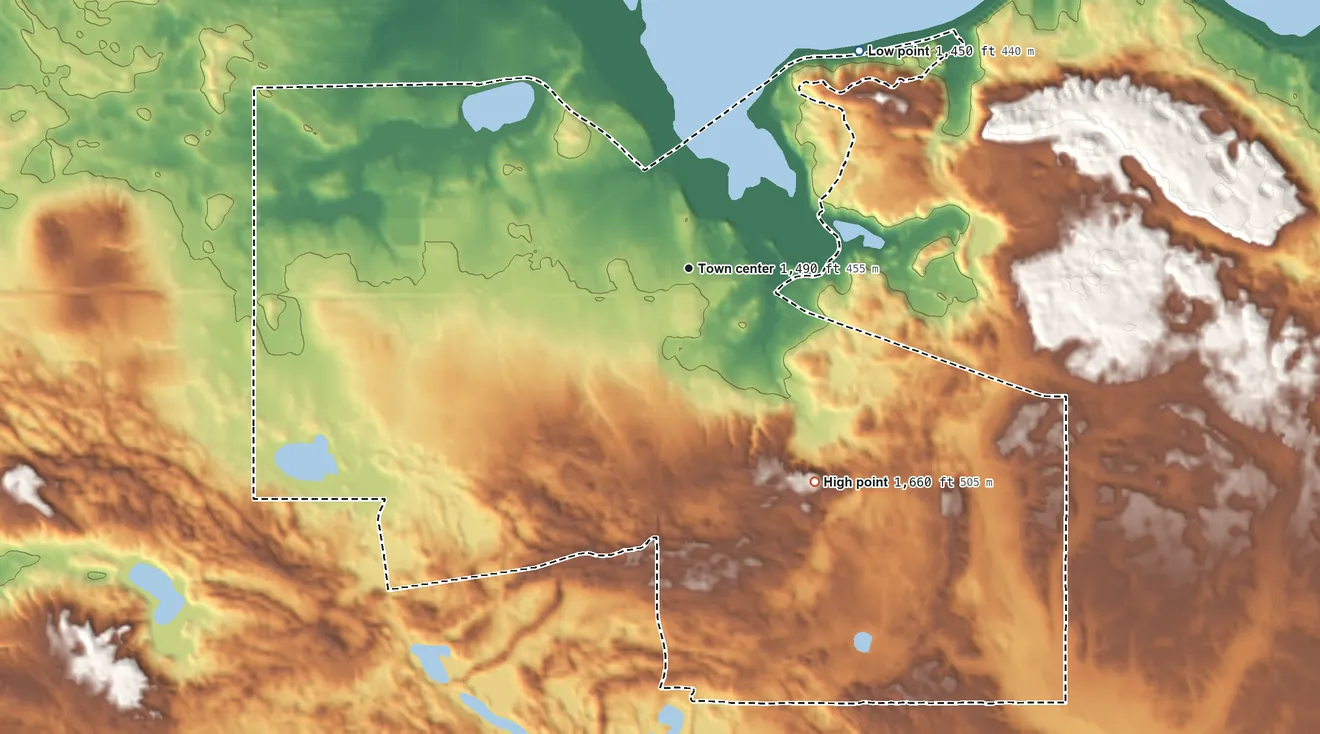 Topographic elevation map of Fort Totten, North Dakota, shaded from 1,450 ft on the northeast side to 1,660 ft on the southeast side