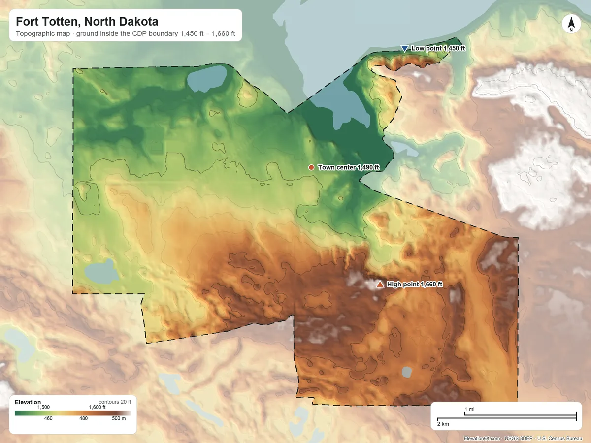 Topographic elevation map of Fort Totten, North Dakota, shaded from 1,450 ft on the northeast side to 1,660 ft on the southeast side