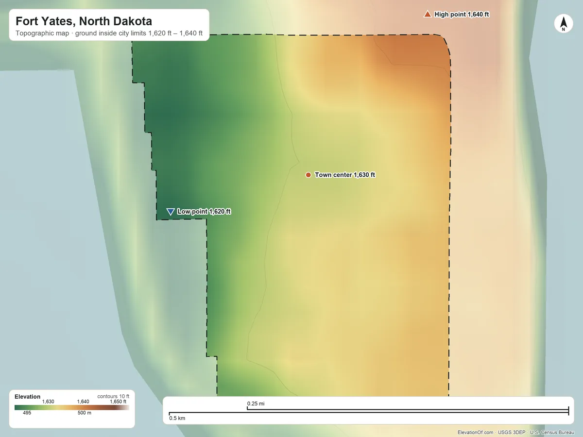 Topographic elevation map of Fort Yates, North Dakota, shaded from 1,620 ft on the west side to 1,640 ft on the northeast side
