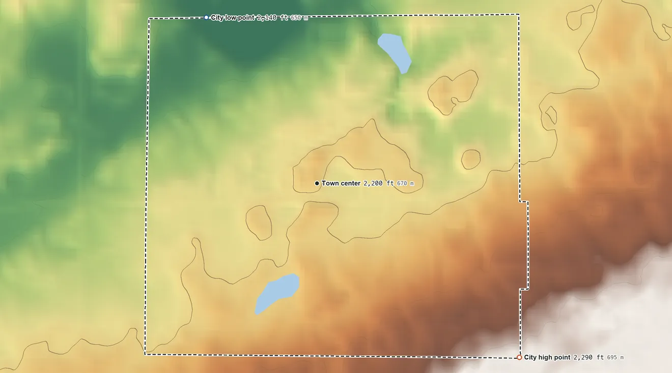 Topographic elevation map of Fortuna, North Dakota, shaded from 2,140 ft on the northwest side to 2,290 ft on the southeast side