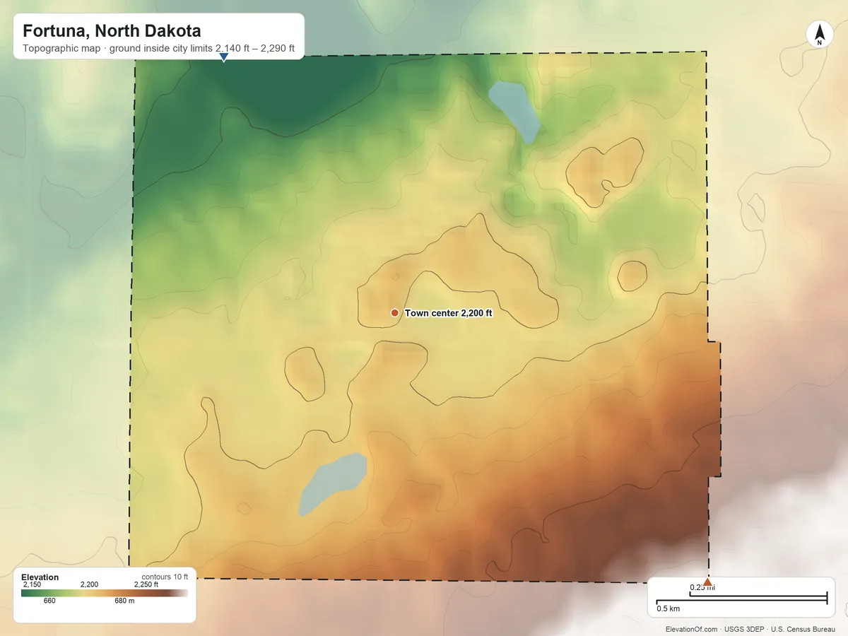 Topographic elevation map of Fortuna, North Dakota, shaded from 2,140 ft on the northwest side to 2,290 ft on the southeast side