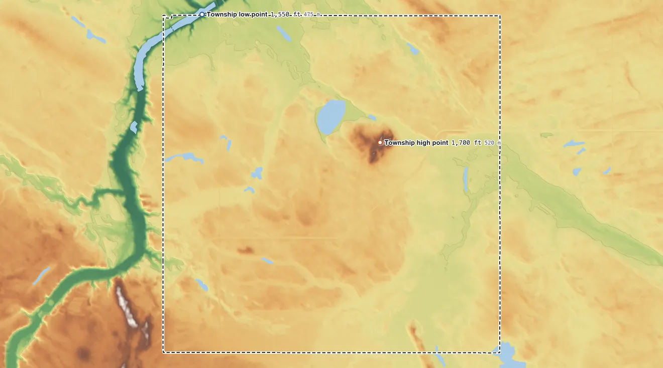 Topographic elevation map of Forward Township, North Dakota, shaded from 1,550 ft on the north side to 1,700 ft on the northeast side