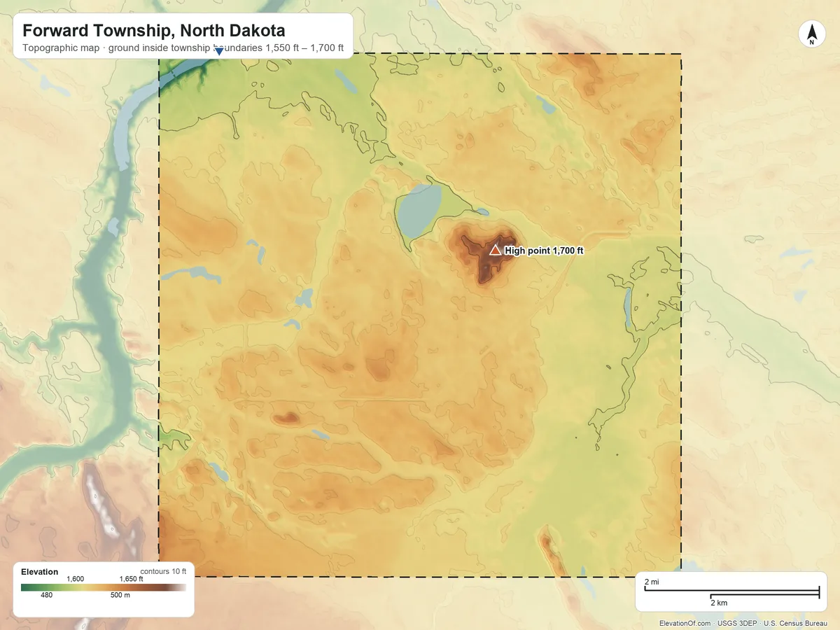 Topographic elevation map of Forward Township, North Dakota, shaded from 1,550 ft on the north side to 1,700 ft on the northeast side