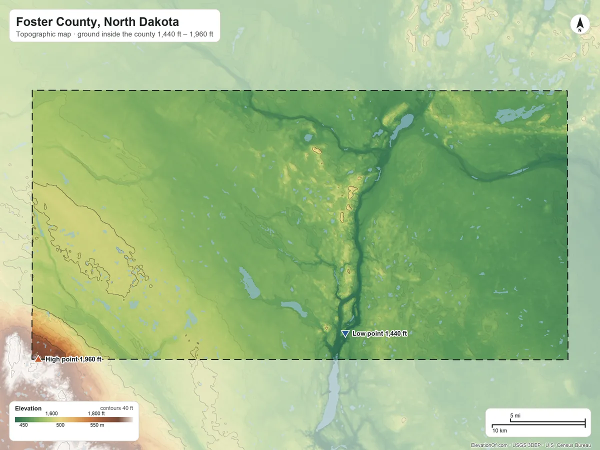 Topographic elevation map of Foster County, North Dakota, shaded from 1,440 ft on the southeast side to 1,960 ft on the southwest side
