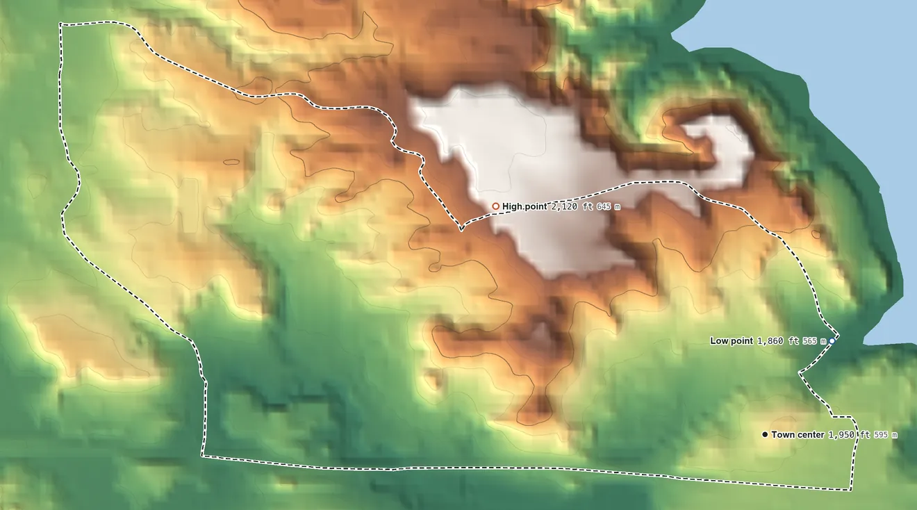 Topographic elevation map of Four Bears Village, North Dakota, shaded from 1,860 ft on the northeast side to 2,120 ft on the northwest side
