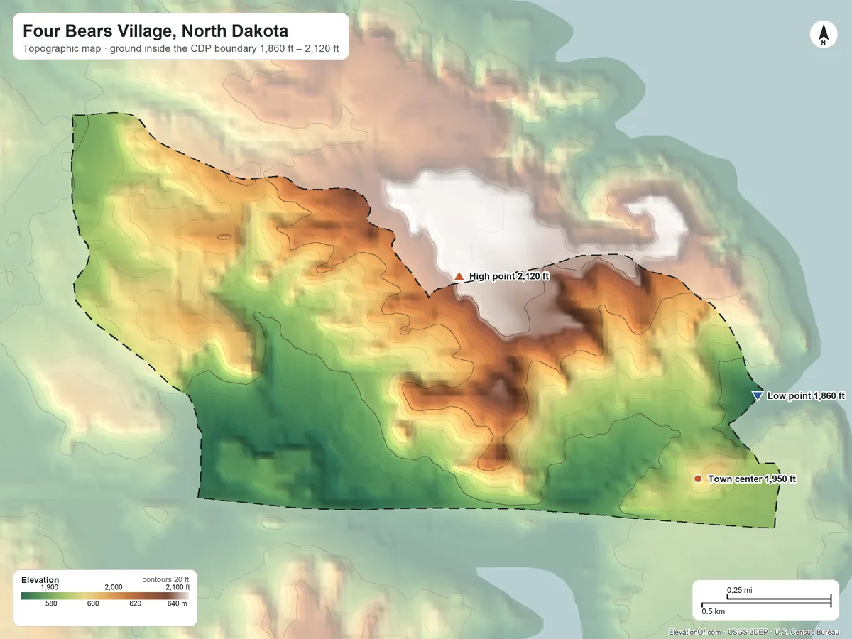 Topographic elevation map of Four Bears Village, North Dakota, shaded from 1,860 ft on the northeast side to 2,120 ft on the northwest side