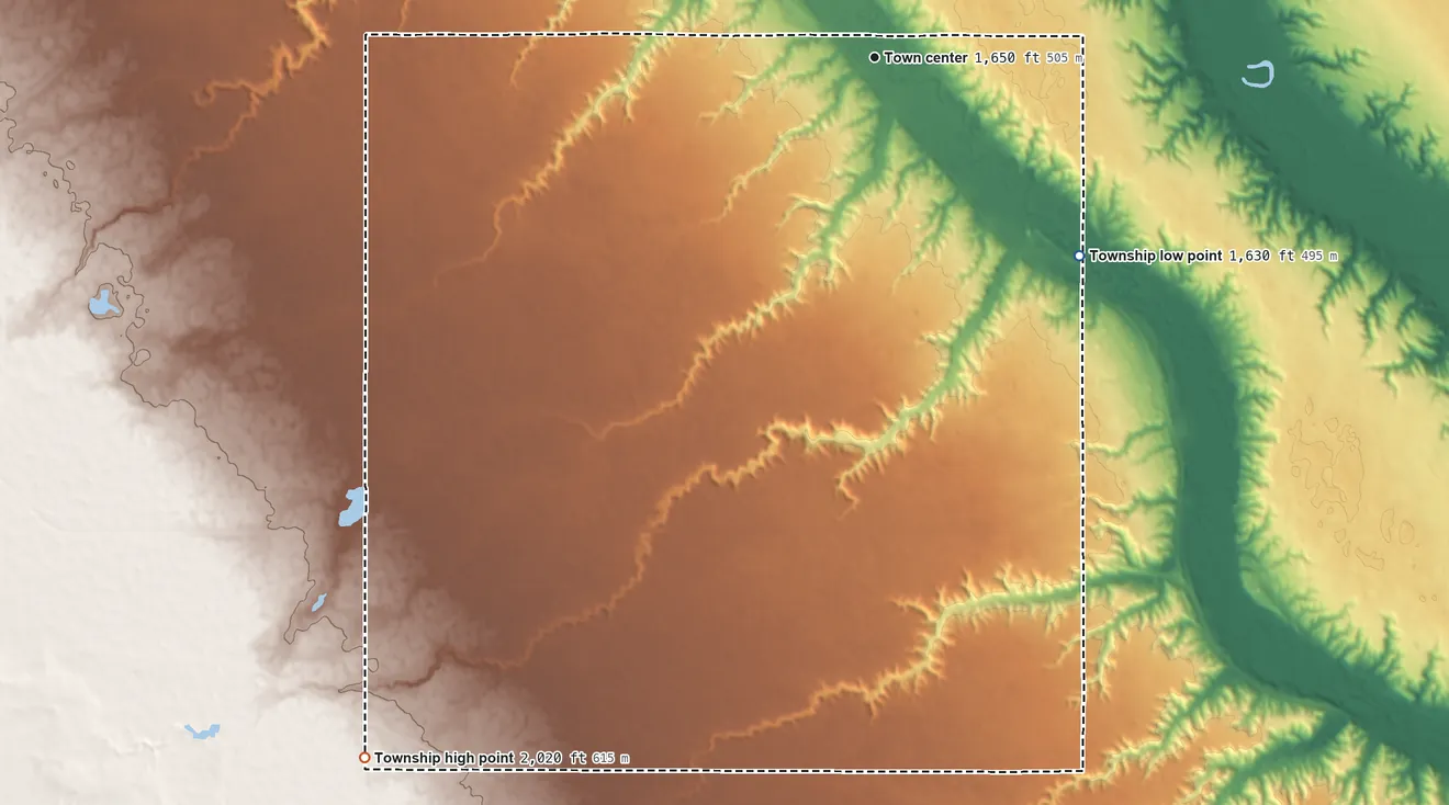 Topographic elevation map of Foxholm Township, North Dakota, shaded from 1,630 ft on the southeast side to 2,020 ft on the southwest side