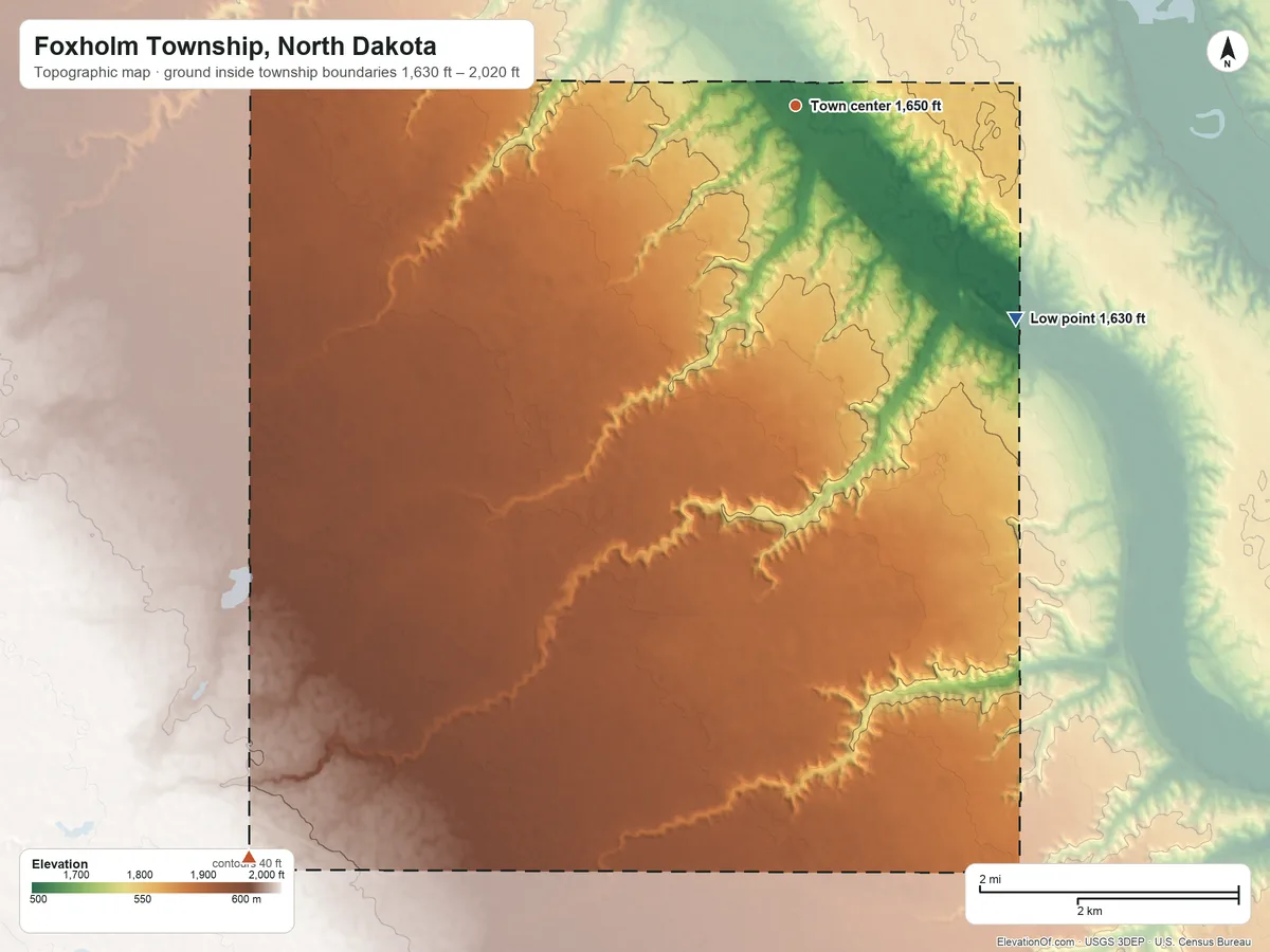 Topographic elevation map of Foxholm Township, North Dakota, shaded from 1,630 ft on the southeast side to 2,020 ft on the southwest side