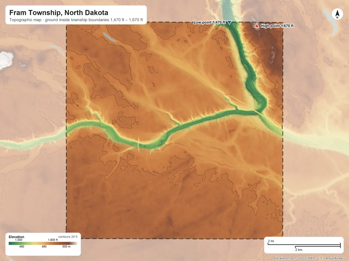 Topographic elevation map of Fram Township, North Dakota, shaded from 1,470 ft on the northeast side to 1,670 ft on the northeast side
