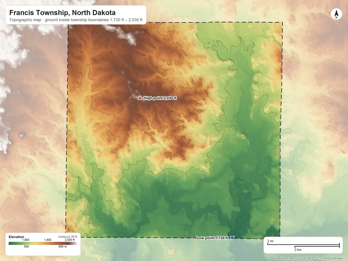 Topographic elevation map of Francis Township, North Dakota, shaded from 1,720 ft on the south side to 2,030 ft on the west side