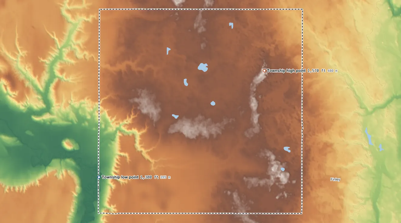 Topographic elevation map of Franklin Township, North Dakota, shaded from 1,300 ft on the west side to 1,570 ft on the northeast side