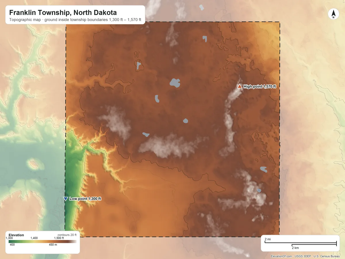 Topographic elevation map of Franklin Township, North Dakota, shaded from 1,300 ft on the west side to 1,570 ft on the northeast side