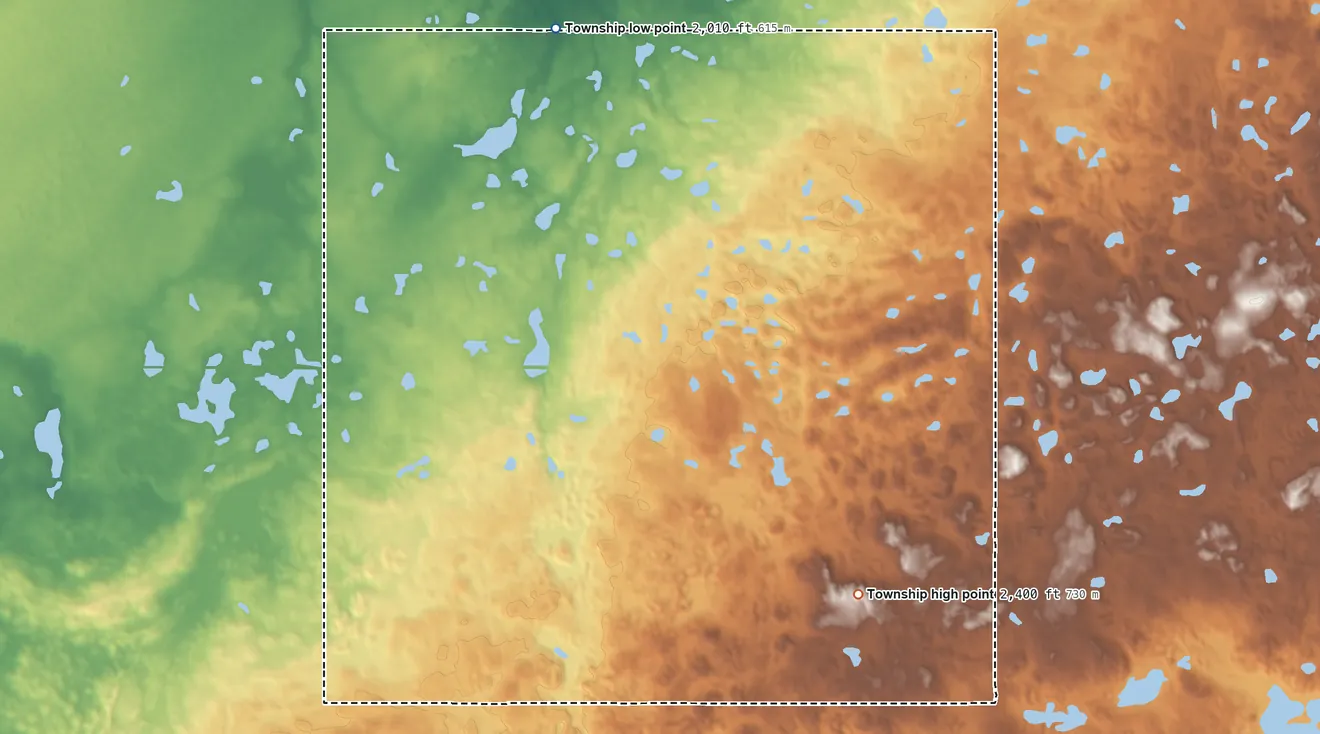 Topographic elevation map of Frazier Township, North Dakota, shaded from 2,010 ft on the north side to 2,400 ft on the southeast side