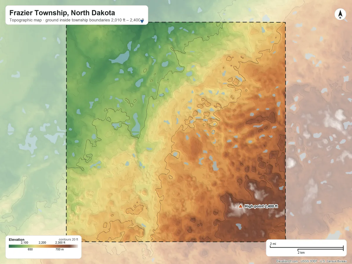 Topographic elevation map of Frazier Township, North Dakota, shaded from 2,010 ft on the north side to 2,400 ft on the southeast side