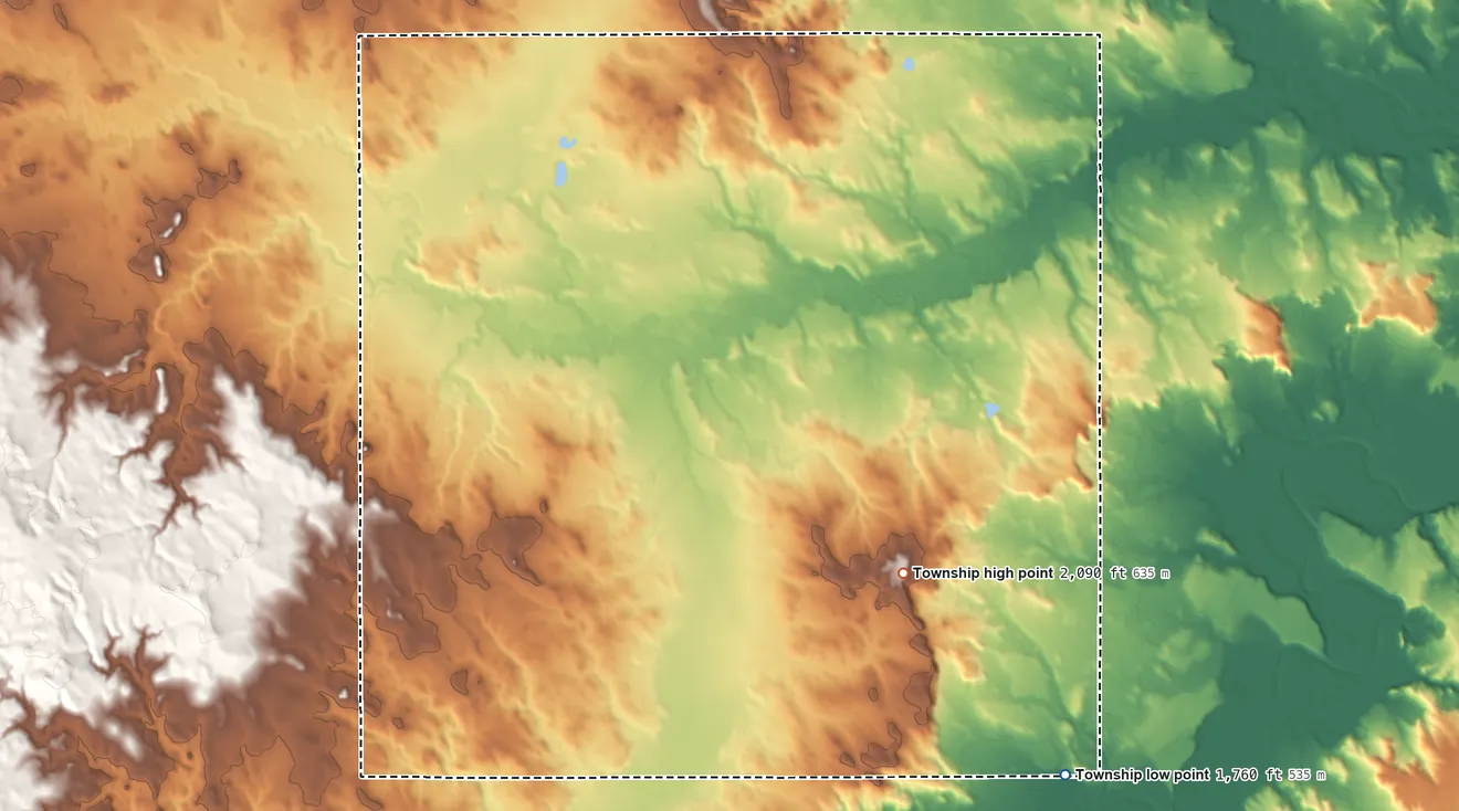 Topographic elevation map of Freda Township, North Dakota, shaded from 1,760 ft on the east side to 2,090 ft on the east side