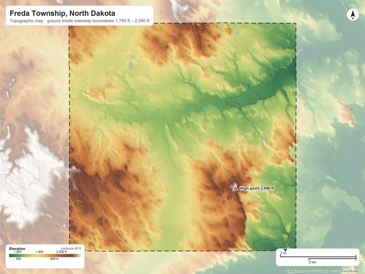 Topographic elevation map of Freda Township, North Dakota, shaded from 1,760 ft on the east side to 2,090 ft on the east side