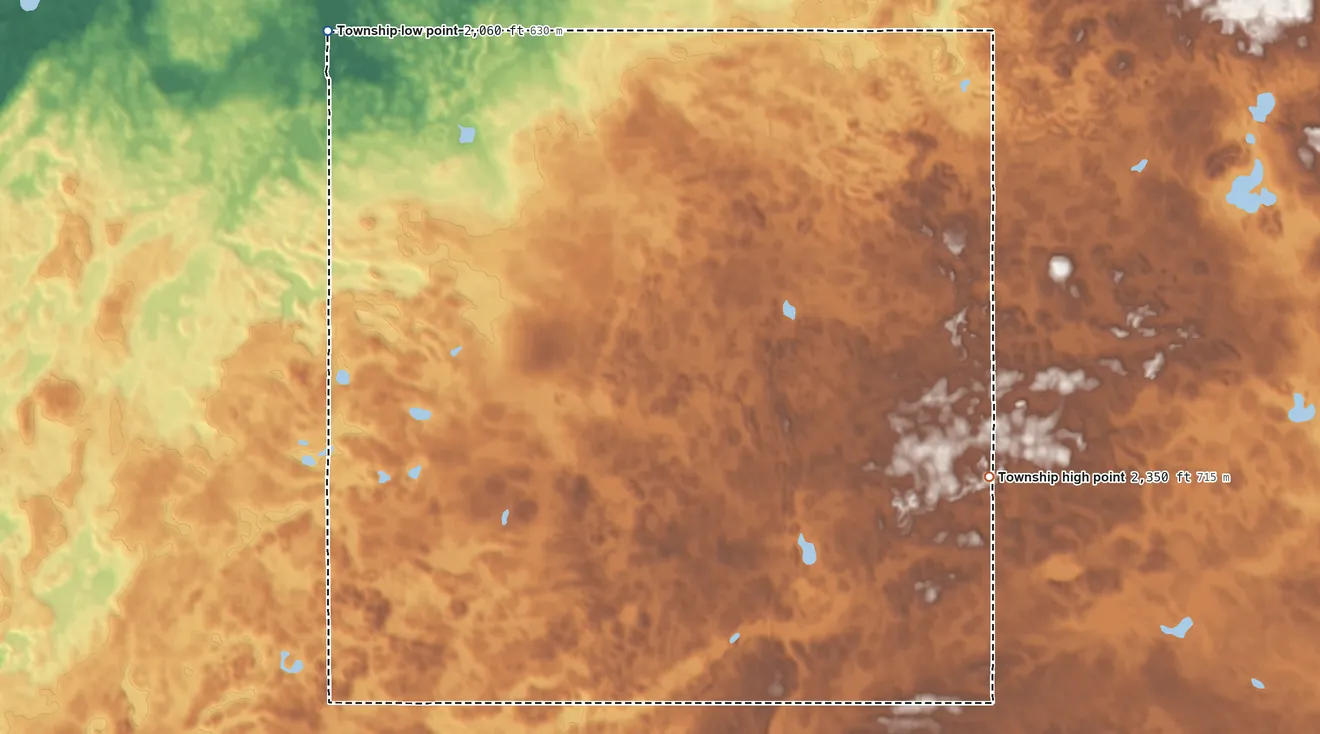 Topographic elevation map of Frederick Township, North Dakota, shaded from 2,060 ft on the west side to 2,350 ft on the southeast side