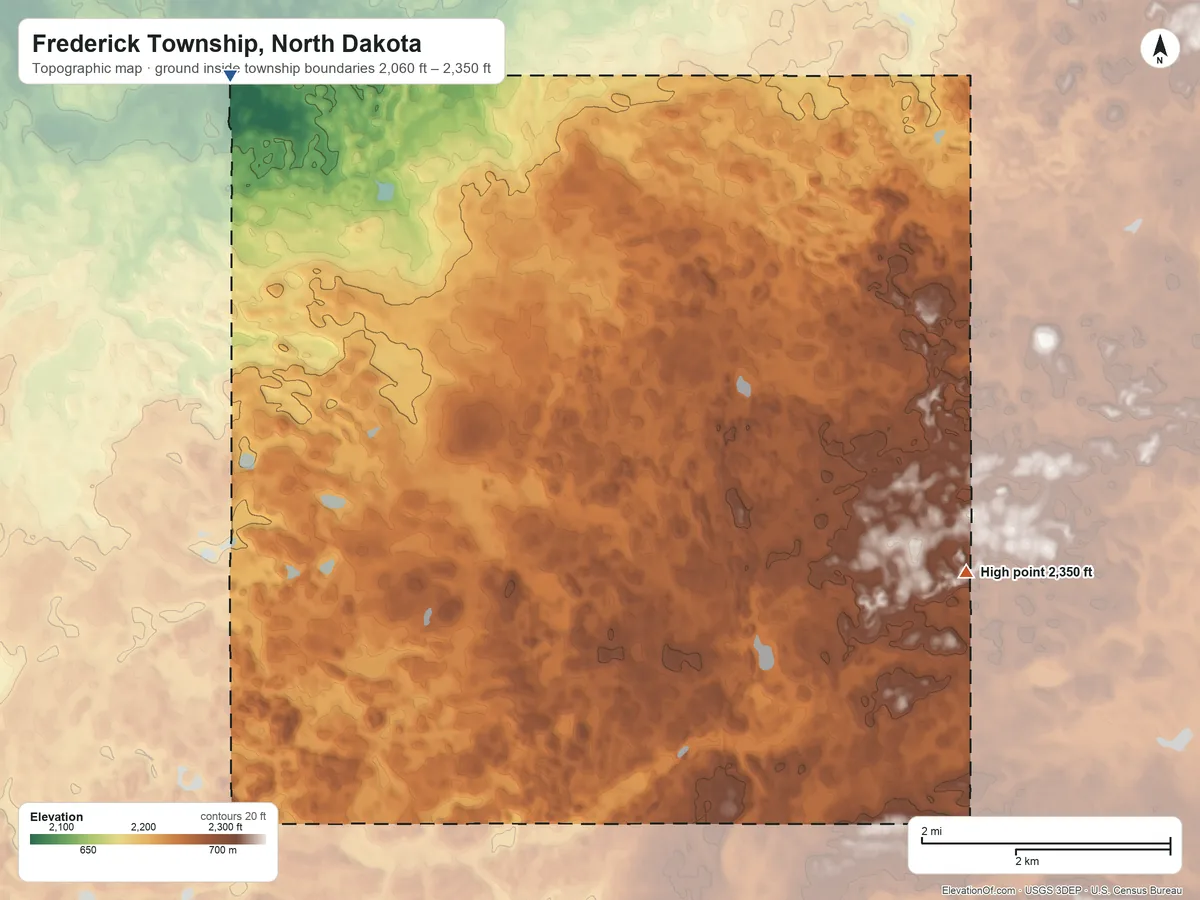 Topographic elevation map of Frederick Township, North Dakota, shaded from 2,060 ft on the west side to 2,350 ft on the southeast side