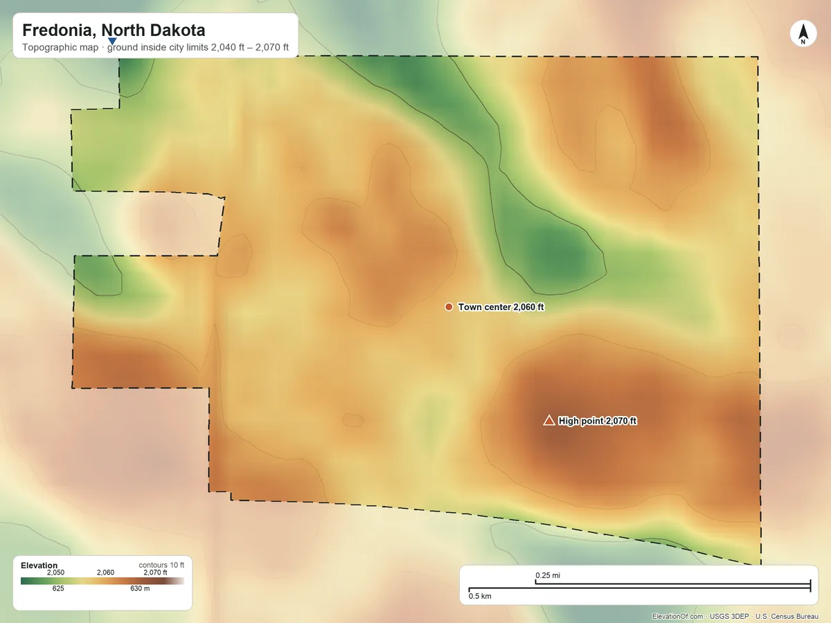 Topographic elevation map of Fredonia, North Dakota, shaded from 2,040 ft on the northwest side to 2,070 ft on the southeast side
