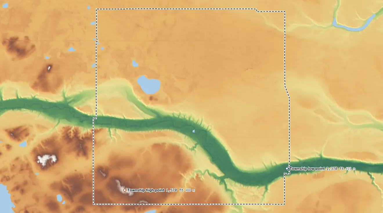 Topographic elevation map of Freeborn Township, North Dakota, shaded from 1,370 ft on the southeast side to 1,570 ft on the southwest side