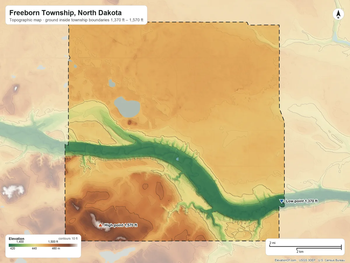 Topographic elevation map of Freeborn Township, North Dakota, shaded from 1,370 ft on the southeast side to 1,570 ft on the southwest side
