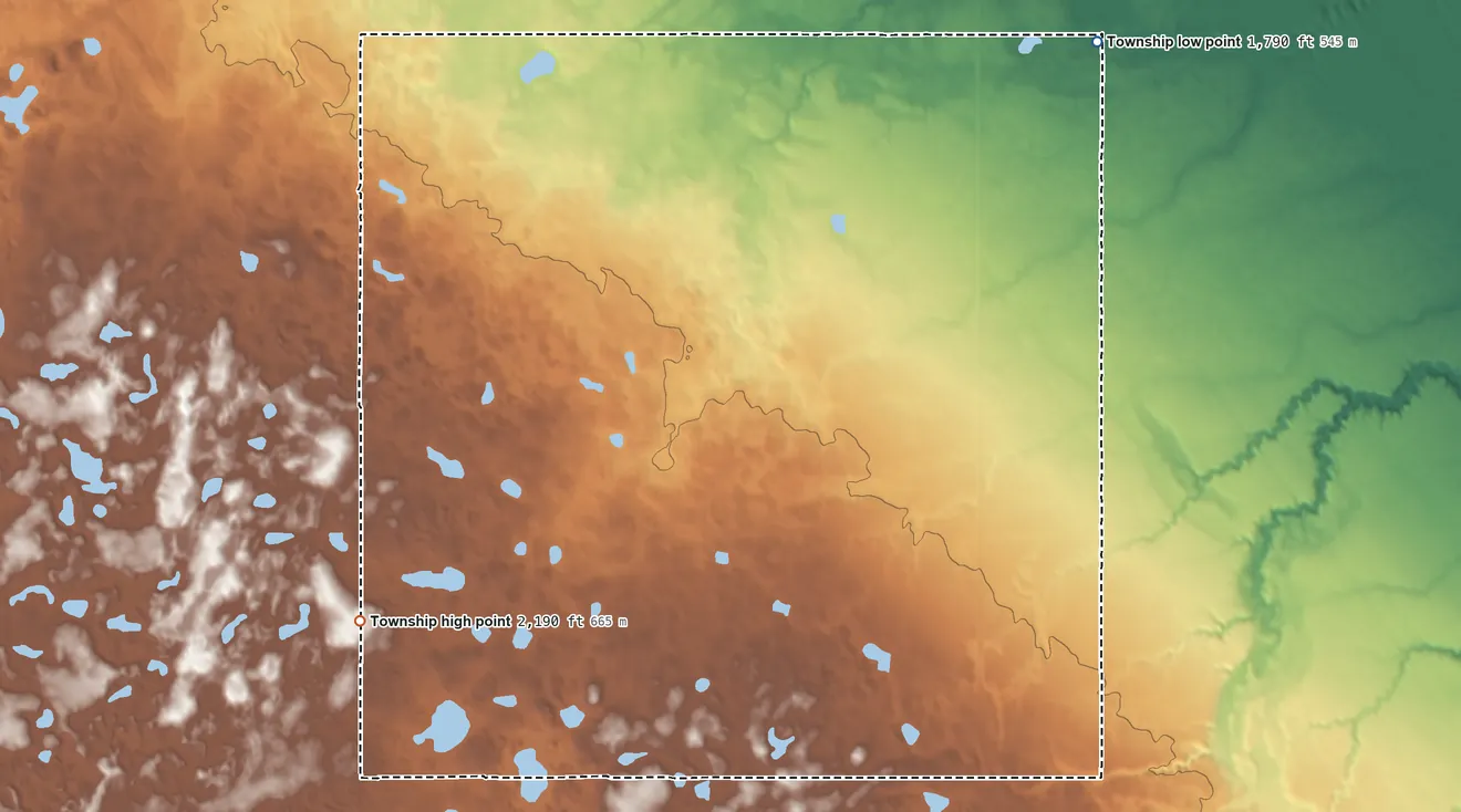 Topographic elevation map of Freedom Township, North Dakota, shaded from 1,790 ft on the northeast side to 2,190 ft on the southwest side