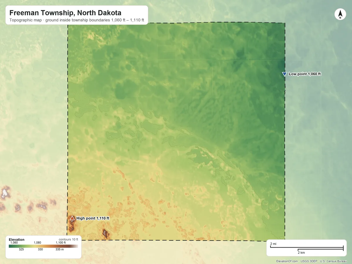 Topographic elevation map of Freeman Township, North Dakota, shaded from 1,060 ft on the northeast side to 1,110 ft on the southwest side