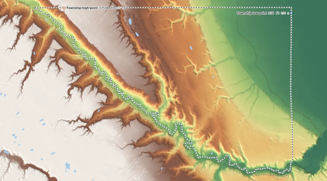 Topographic elevation map of Fremont Township, North Dakota, shaded from 950 ft on the east side to 1,530 ft on the northwest side