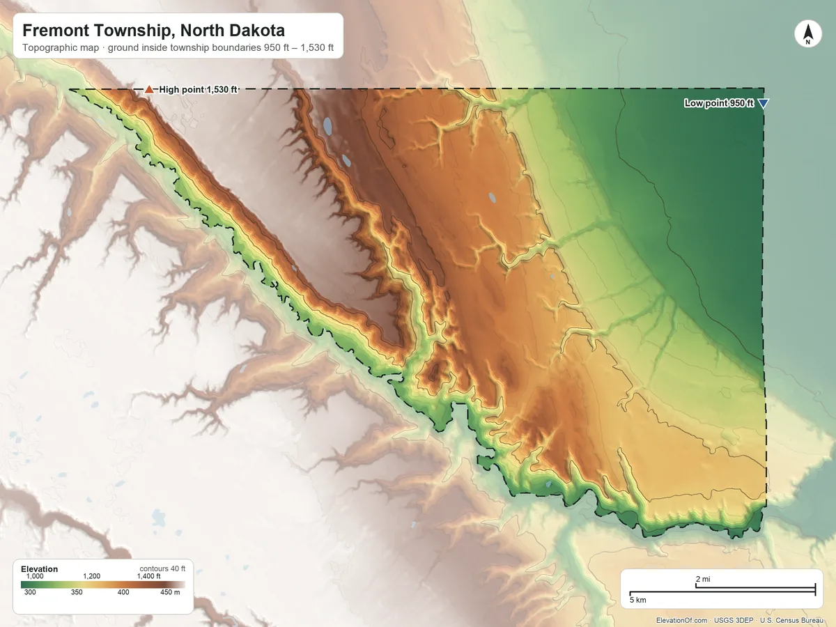 Topographic elevation map of Fremont Township, North Dakota, shaded from 950 ft on the east side to 1,530 ft on the northwest side