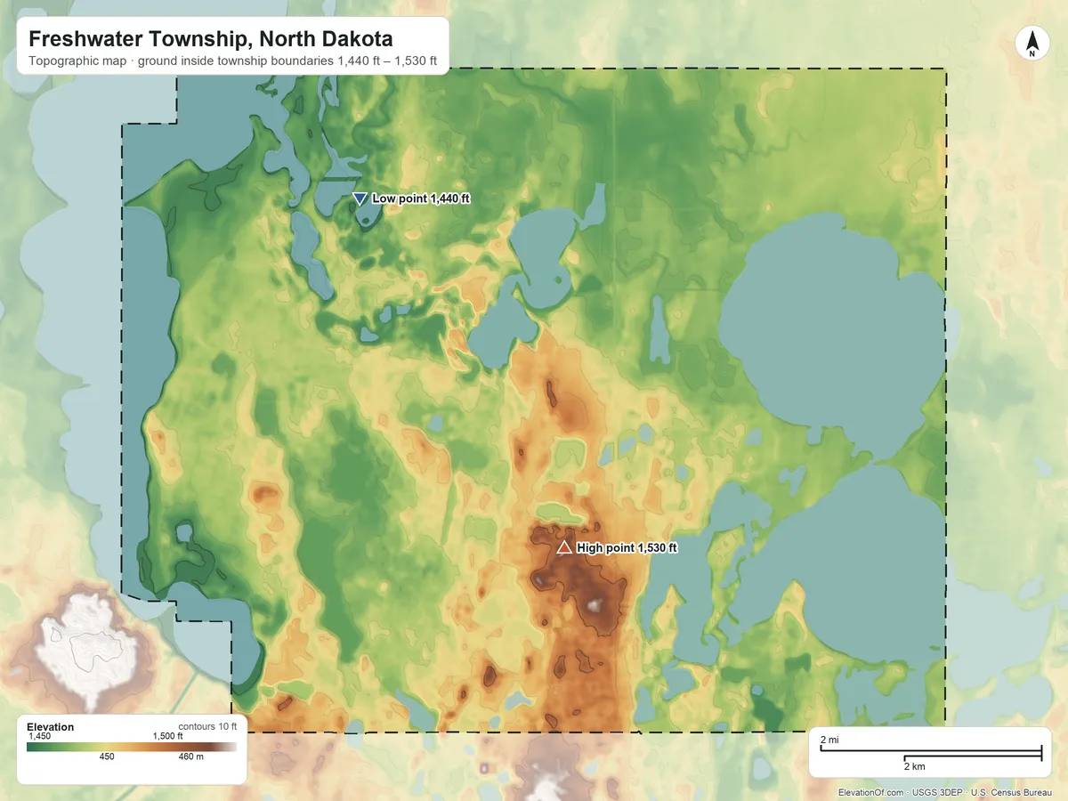 Topographic elevation map of Freshwater Township, North Dakota, shaded from 1,440 ft on the northwest side to 1,530 ft on the south side