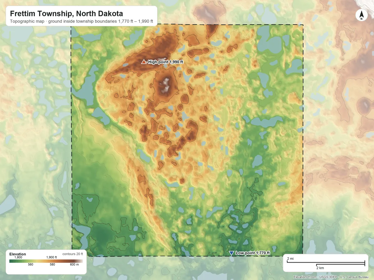 Topographic elevation map of Frettim Township, North Dakota, shaded from 1,770 ft on the southeast side to 1,990 ft on the north side