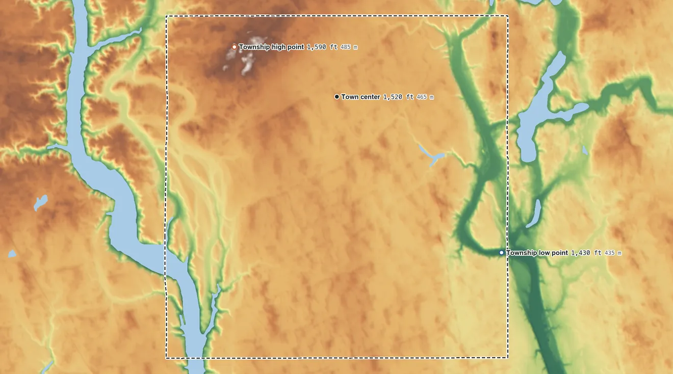 Topographic elevation map of Fried Township, North Dakota, shaded from 1,430 ft on the southeast side to 1,590 ft on the northwest side